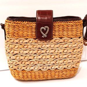 Brighton Straw Shoulder Bag with Leather Shoulder Strap, Trim, and Closure Strap